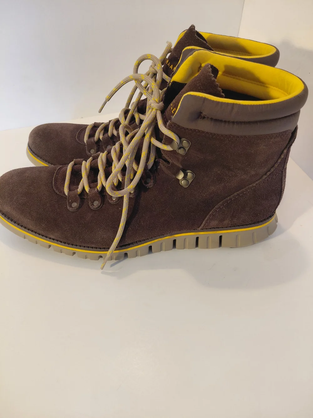 Cole Haan Men's Brown Suede Hiker Boots with Yellow Trim